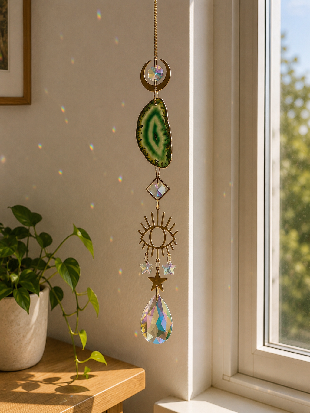 Sonnenfänger mit Achat & Kristall – Fensterdeko Regenbogen Anhänger