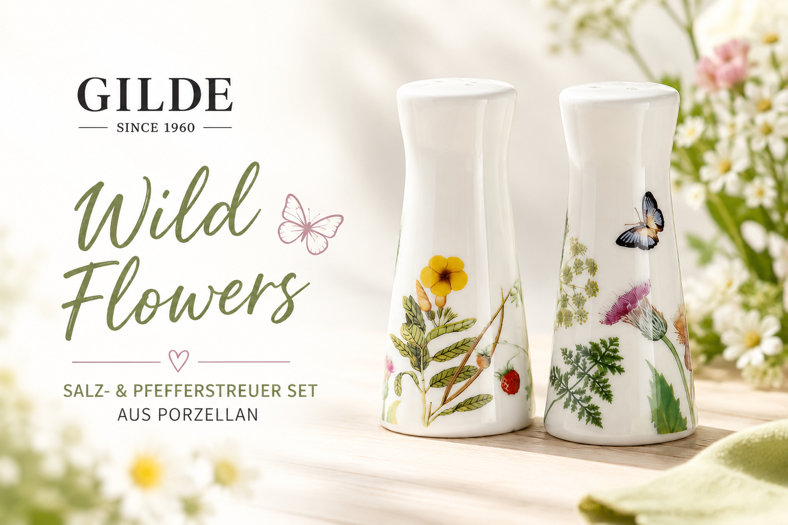 GILDE Salz- & Pfefferstreuer „Wild Flowers“ – Porzellan mit Blumen- & Schmetterlingsmotiv
