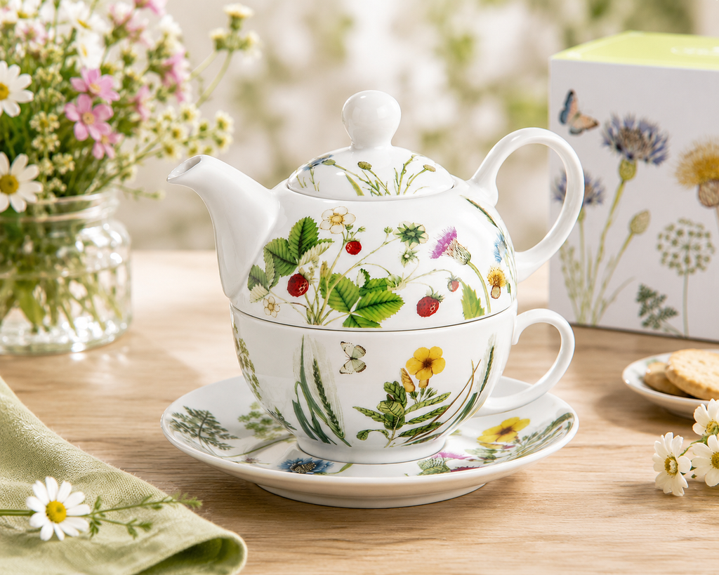 GILDE Tea-for-One Set „Wildblumen“ – Teekanne mit Tasse & Untertasse aus Porzellan