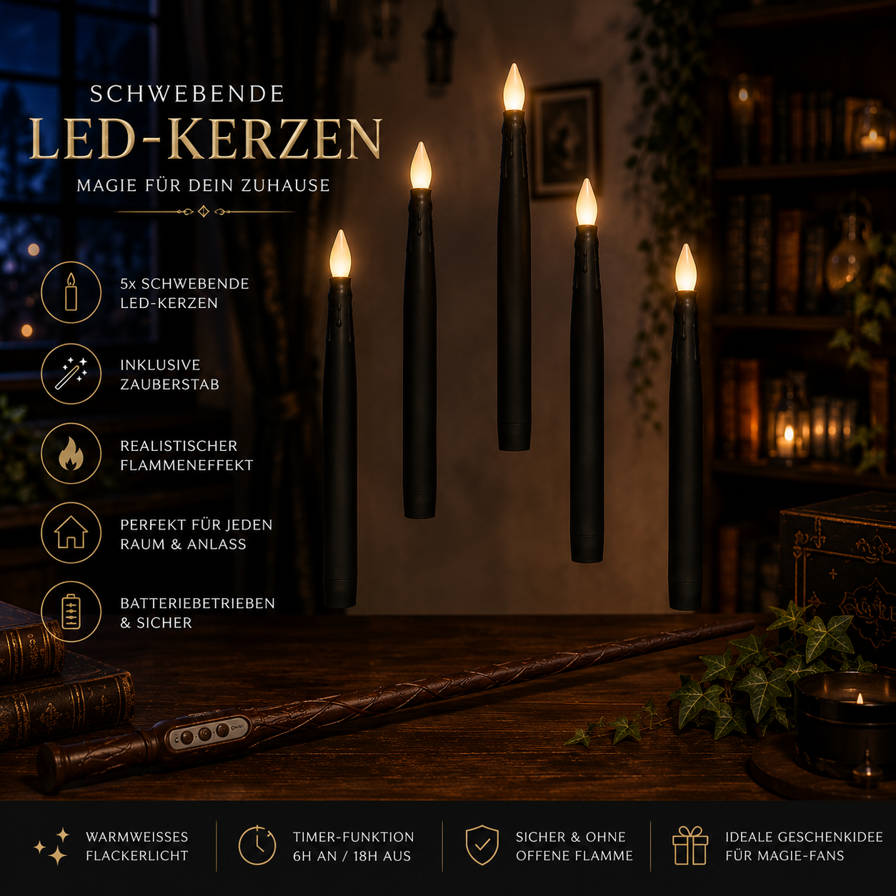 Schwebende LED-Kerzen mit Zauberstab – 5er Set in Schwarz | Anna's Collection