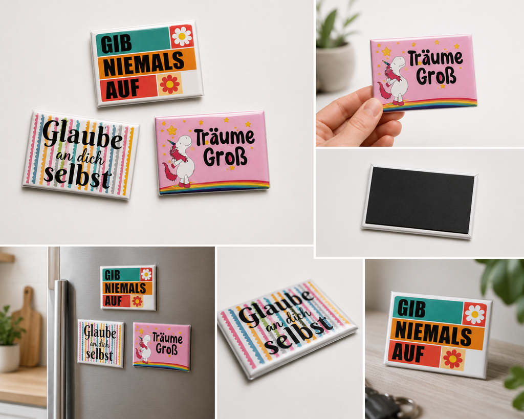 Kühlschrankmagnet mit Spruch – 3 Motive: Gib niemals auf, Träume groß & Glaube an dich