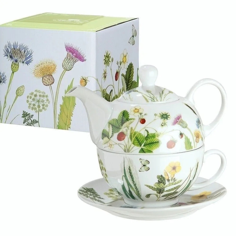 GILDE Tea-for-One Set „Wildblumen“ – Teekanne mit Tasse & Untertasse aus Porzellan