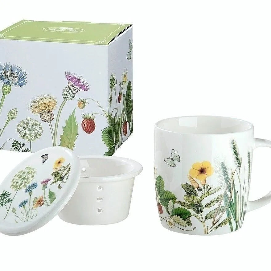 GILDE Wild Flowers Teetasse mit Porzellan-Teesieb & Deckel – 300 ml Teebecher mit Blumenmotiv