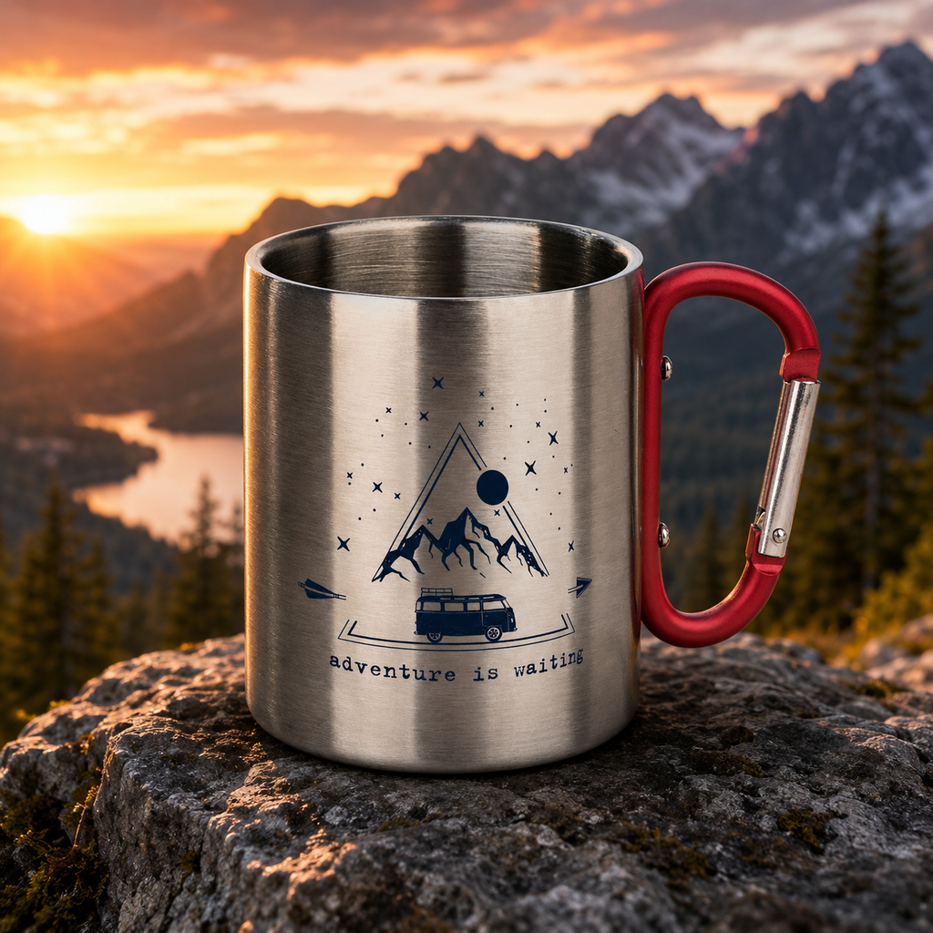 moses. Karabiner-Becher „Adventure is Waiting“ – Edelstahl Camping-Becher 300 ml