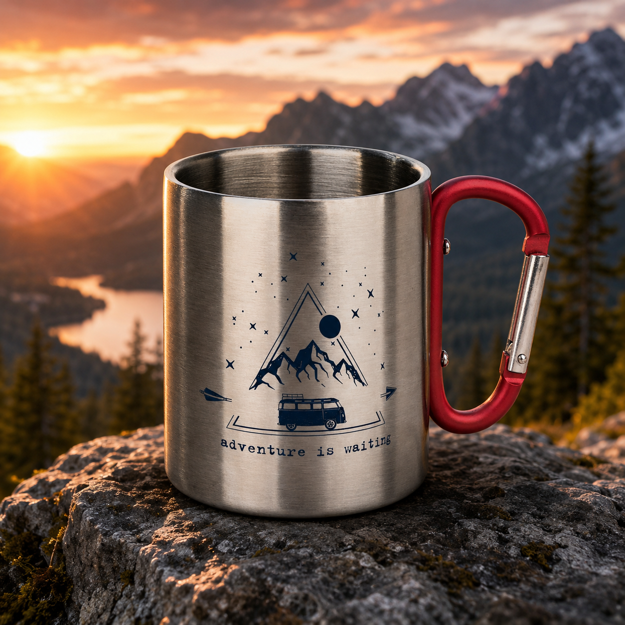 moses. Karabiner-Becher „Adventure is Waiting“ – Edelstahl Camping-Becher 300 ml