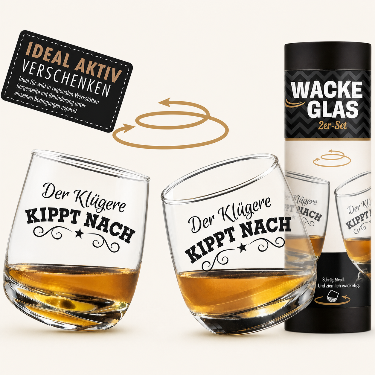 Wackelglas „Der Klügere kippt nach“ 2er Set – Lustige Trinkgläser mit Spruch, je 200 ml